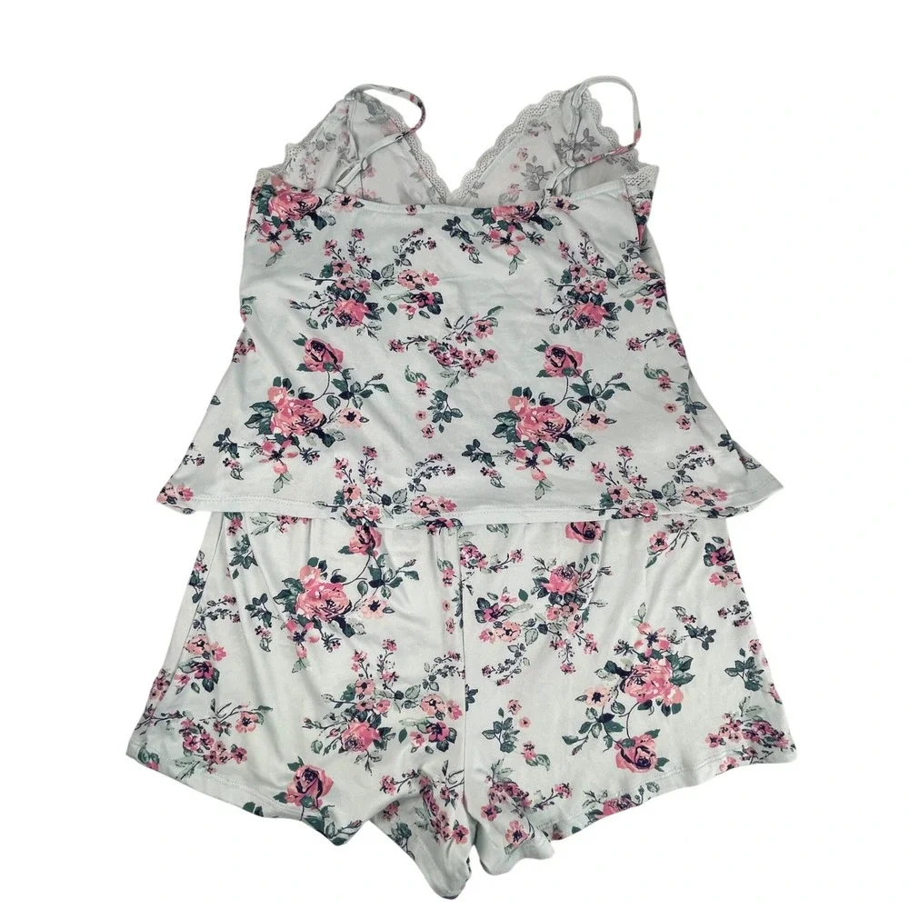 NWT Jessica Simpson Pajama Set Women Size L Blue Floral Cami Shorts Lace Trim